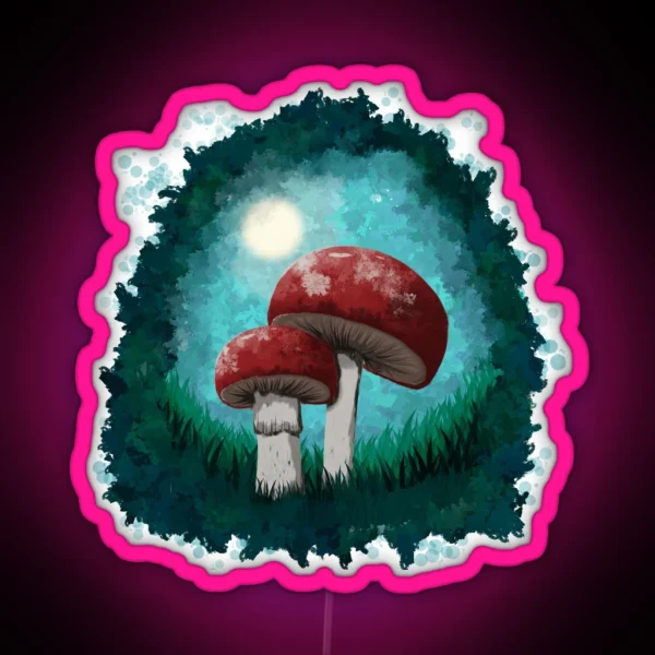 Red Mushrooms In The Forest In A Painterly RGB Neon Sign