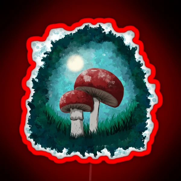 Red Mushrooms In The Forest In A Painterly RGB Neon Sign