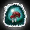 Red mushrooms in the forest with a painterly neon sign.