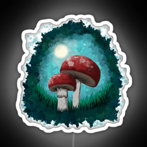 Red Mushrooms In The Forest In A Painterly RGB Neon Sign