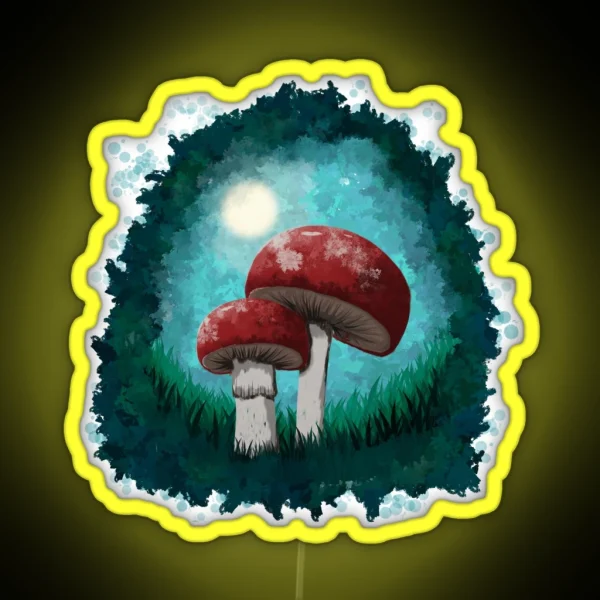 Red Mushrooms In The Forest In A Painterly RGB Neon Sign