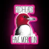 A vibrant RGB neon sign showcasing a red-headed woodpecker with the phrase 'Redheads Have More Fun' in eye-catching pink t...