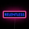 relentless neon sign with vibrant RGB lighting in pink tones