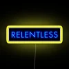 rgb neon sign with relentless yellow glow