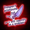 Funny and cute cat meme emphasizing respect for pronouns and promoting Trans Pride with a vibrant red neon sign.