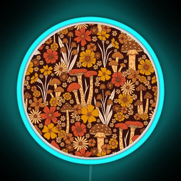 Retro 1970s Brown And Orange Mushrooms And RGB Neon Sign