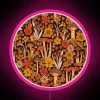 retro 1970s brown and orange mushrooms flowers neon sign pink