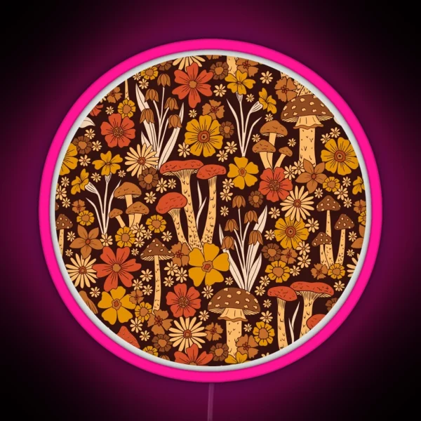 Retro 1970s Brown And Orange Mushrooms And RGB Neon Sign