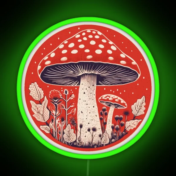 Retro Amanita Muscaria Red Mushroom With Wildflowers RGB Neon Sign
