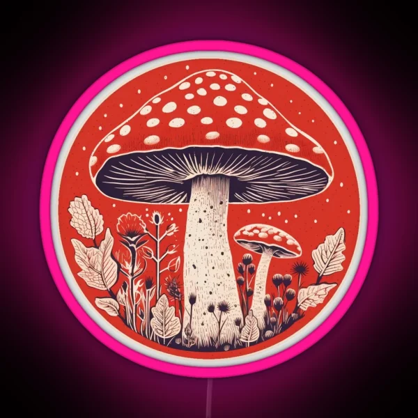 Retro Amanita Muscaria Red Mushroom With Wildflowers RGB Neon Sign