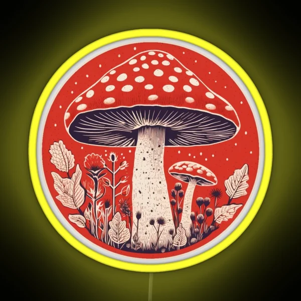 Retro Amanita Muscaria Red Mushroom With Wildflowers RGB Neon Sign