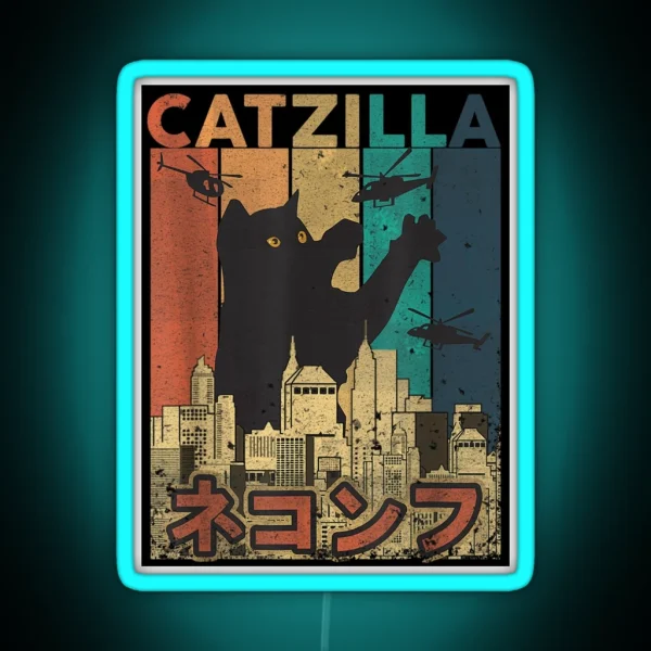 Retro Japanese Vintage Catzilla Rescue RGB Neon Sign