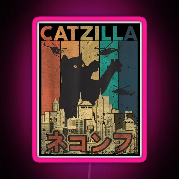 Retro Japanese Vintage Catzilla Rescue RGB Neon Sign