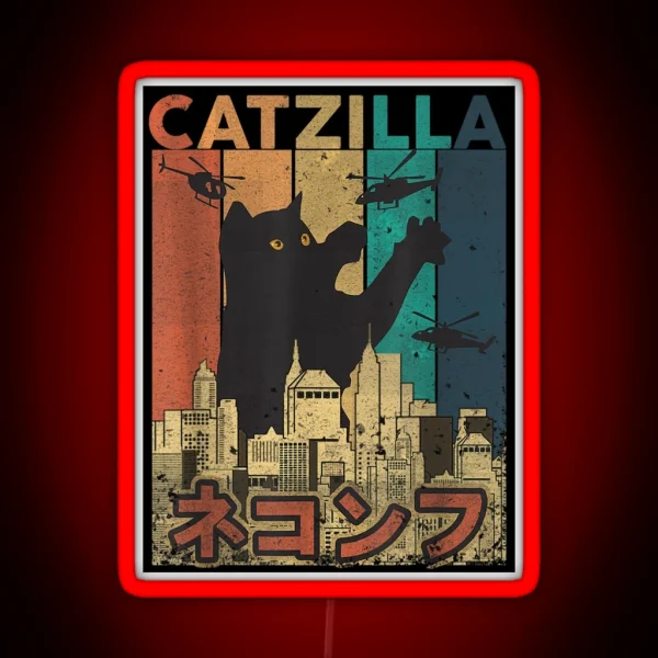 Retro Japanese Vintage Catzilla Rescue RGB Neon Sign
