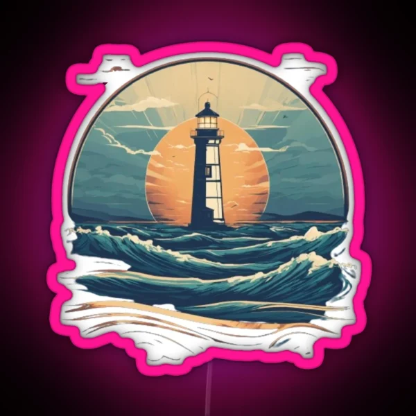 Retro Lighthouse Waves RGB Neon Sign