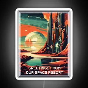 Retro Science Fiction Landscape Greetings From Our Space Resort RGB Neon Sign