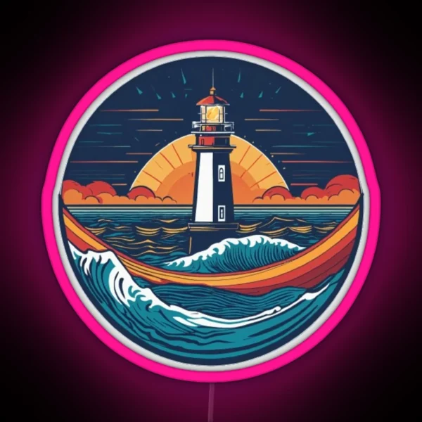 Retro Sunset Lighthouse Waves RGB Neon Sign