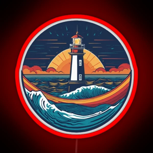 Retro Sunset Lighthouse Waves RGB Neon Sign