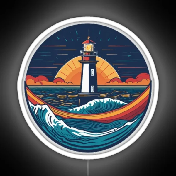 Retro Sunset Lighthouse Waves RGB Neon Sign