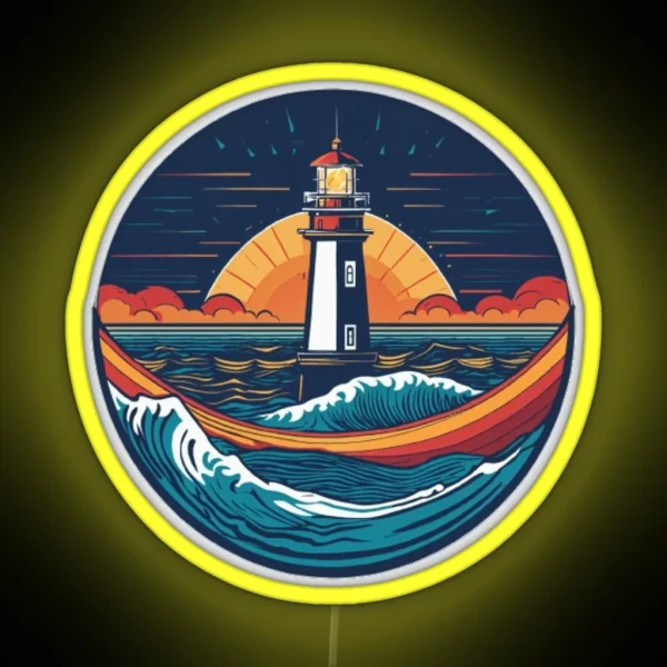 Retro Sunset Lighthouse Waves RGB Neon Sign