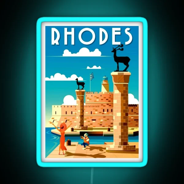 RHODES Vintage Travel Advertising Print RGB Neon Sign