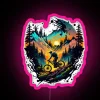 mountain trails biking adventure with a vibrant neon pink rgb sign