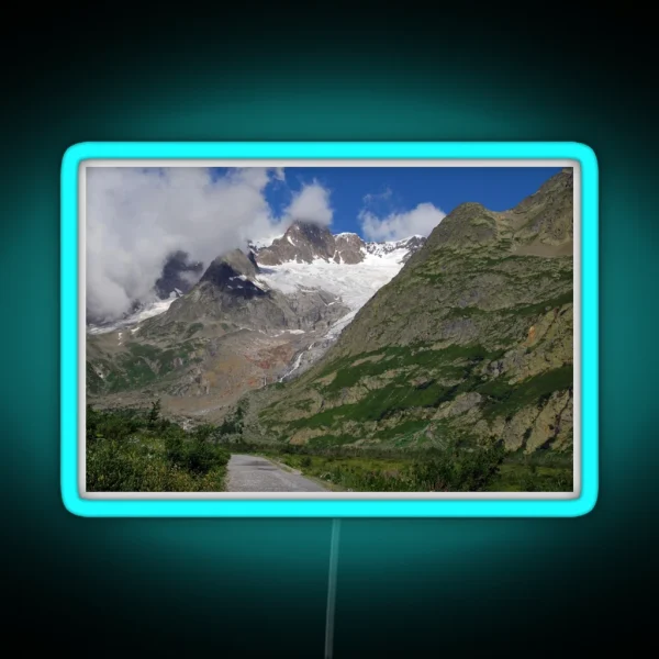 Road Snowy Mountain Peaks Alpine Landscape RGB Neon Sign