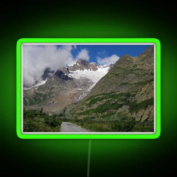 Road Snowy Mountain Peaks Alpine Landscape RGB Neon Sign