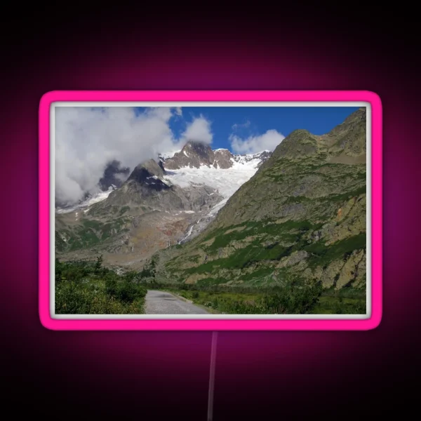 Road Snowy Mountain Peaks Alpine Landscape RGB Neon Sign