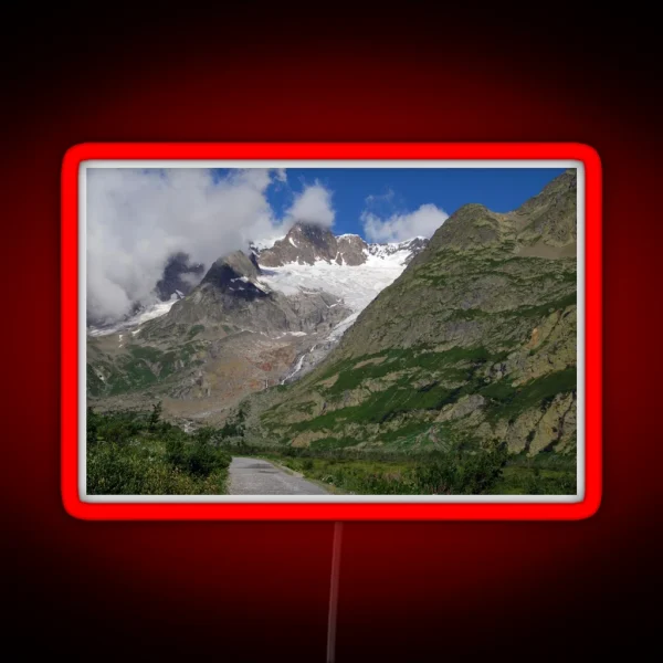 Road Snowy Mountain Peaks Alpine Landscape RGB Neon Sign