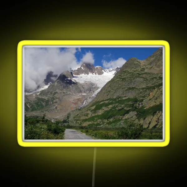 Road Snowy Mountain Peaks Alpine Landscape RGB Neon Sign