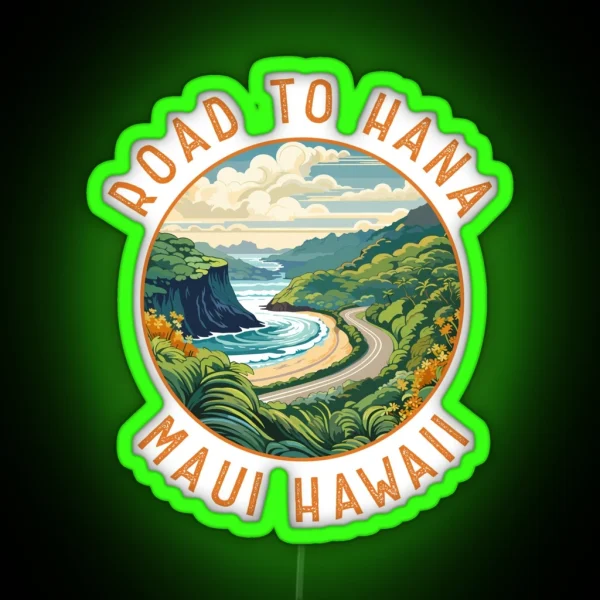 Road To Hana Maui Hawaii Retro Distressed Circle RGB Neon Sign