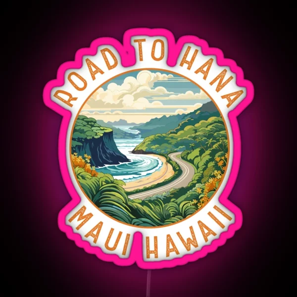 Road To Hana Maui Hawaii Retro Distressed Circle RGB Neon Sign