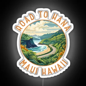 Road To Hana Maui Hawaii Retro Distressed Circle RGB Neon Sign