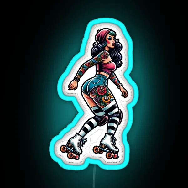 Rollerskater Pinup With Tattoos RGB Neon Sign
