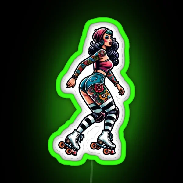 Rollerskater Pinup With Tattoos RGB Neon Sign