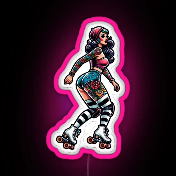 Rollerskater Pinup With Tattoos RGB Neon Sign