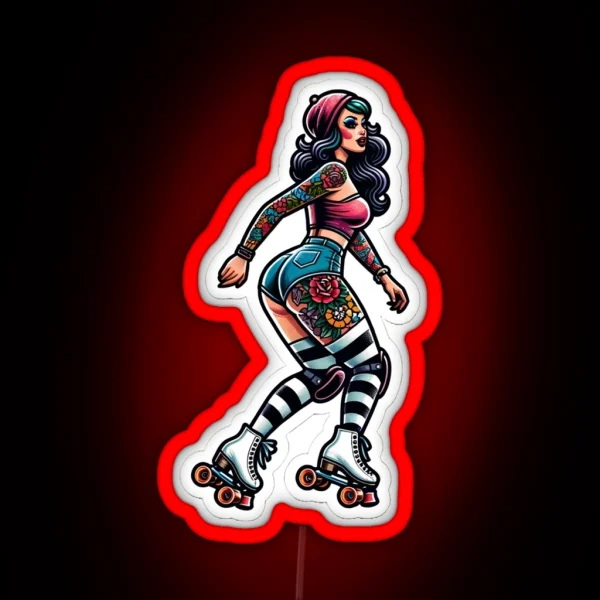 Rollerskater Pinup With Tattoos RGB Neon Sign