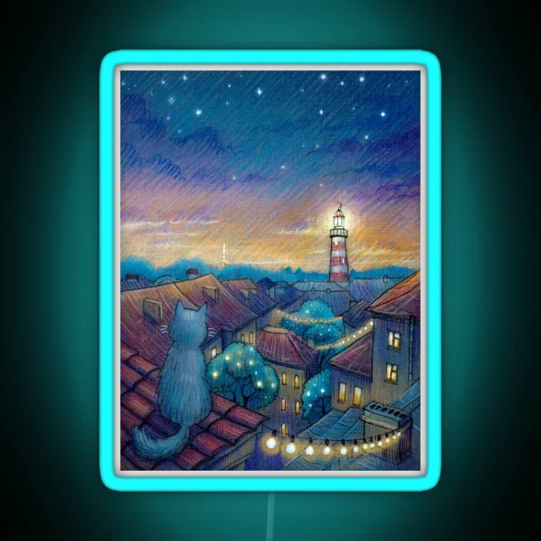 Roof Cat And Lighthouse RGB Neon Sign