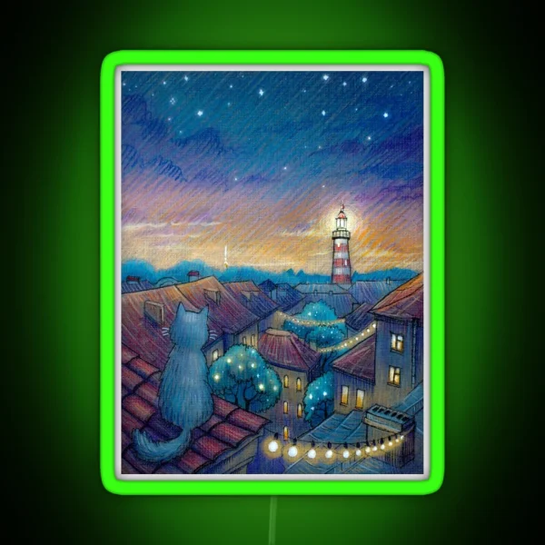 Roof Cat And Lighthouse RGB Neon Sign