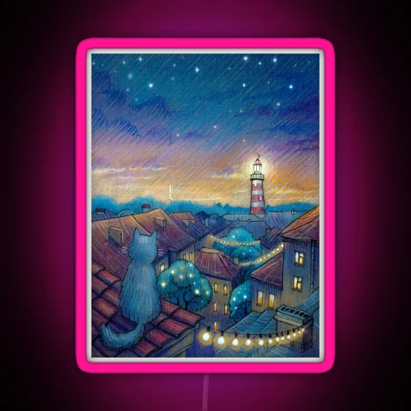 Roof Cat And Lighthouse RGB Neon Sign