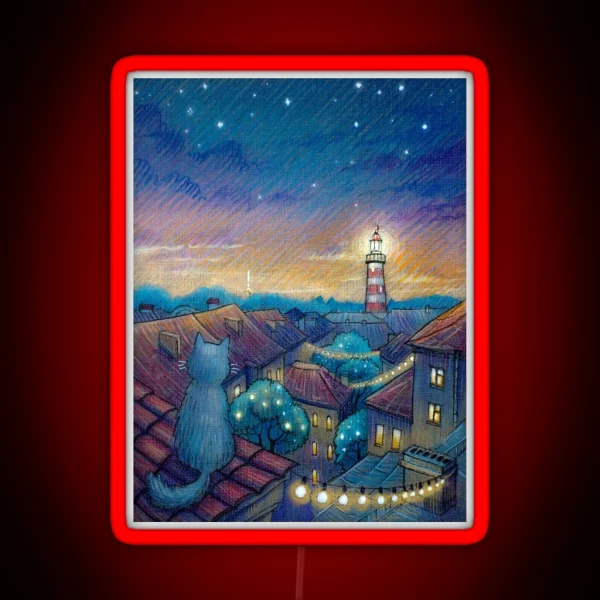 Roof Cat And Lighthouse RGB Neon Sign