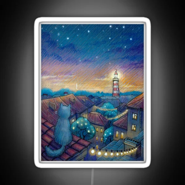 Roof Cat And Lighthouse RGB Neon Sign