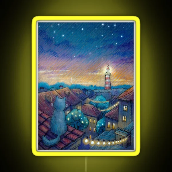 Roof Cat And Lighthouse RGB Neon Sign