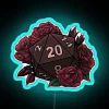 A colorful D20 die with an RGB neon sign in a red variant, perfect for tabletop gaming.