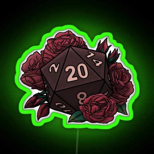 Rose D20 Red Variant Tabletop Gaming Dice RGB Neon Sign
