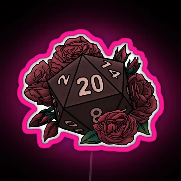 Rose D20 Red Variant Tabletop Gaming Dice RGB Neon Sign