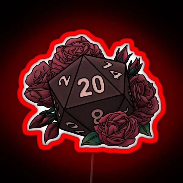 Rose D20 Red Variant Tabletop Gaming Dice RGB Neon Sign