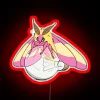 rosy maple moth near lightbulb with rgb neon sign red