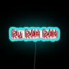 Vibrant RGB neon sign displaying Ruh-Rah-Ruh in blue tones.